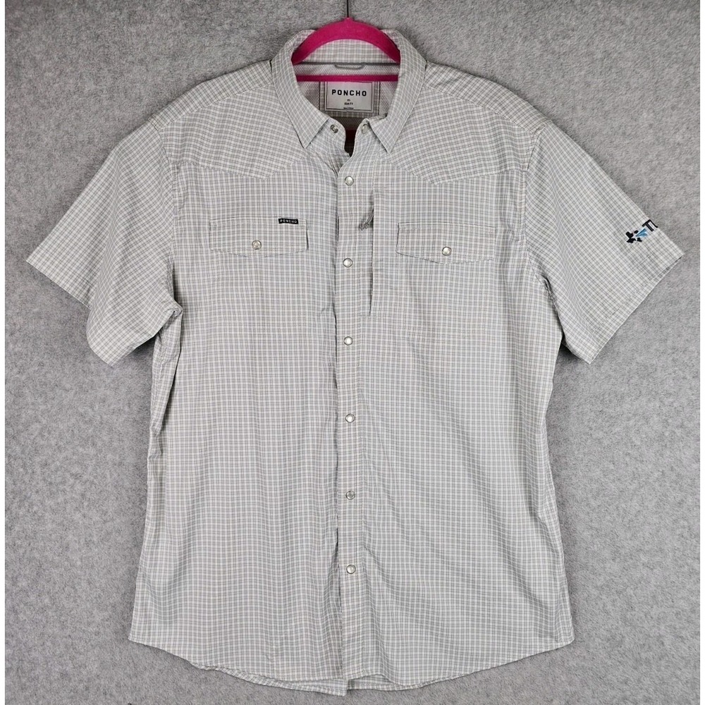 Poncho Mens XL Slim Fit White Gray Plaid Shirt Pearl Snap Vented Sleeve Logo